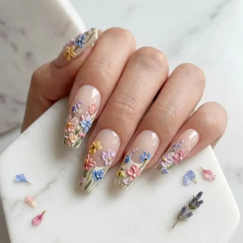 3D sculpted nails, wildflower press on, press on nails, custom press on nails, fake nails, Nails Art, stained glass nails, gold press on nails, 3d press on nails, luxury press on nails, handmade press on nails