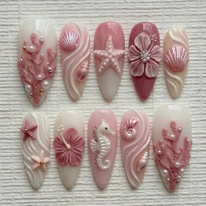 3D sea nymph, mermaidcore press on, press on nails, custom press on nails, fake nails, Nails Art, stained glass nails, gold press on nails, 3d press on nails, luxury press on nails, handmade press on nails