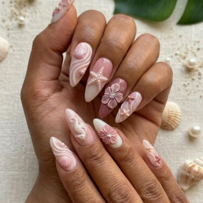 pink hibiscus, white seahorse, press on nails, custom press on nails, fake nails, Nails Art, stained glass nails, gold press on nails, 3d press on nails, luxury press on nails, handmade press on nails