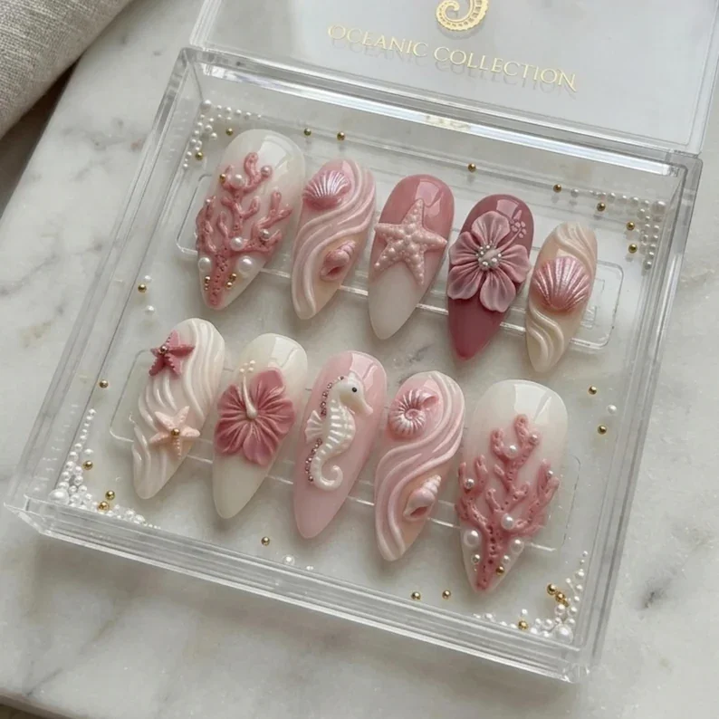 3D sea nymph, mermaidcore press on, press on nails, custom press on nails, fake nails, Nails Art, stained glass nails, gold press on nails, 3d press on nails, luxury press on nails, handmade press on nails