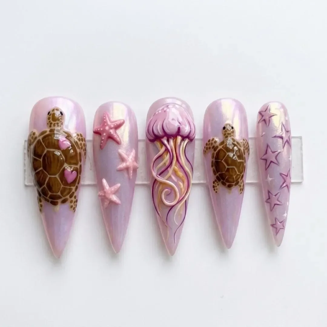 3D Sea Turtle Nails, Jellyfish Press Ons, press on nails, custom press on nails, fake nails, Nails Art, stained glass nails, gold press on nails, 3d press on nails, luxury press on nails, handmade press on nails