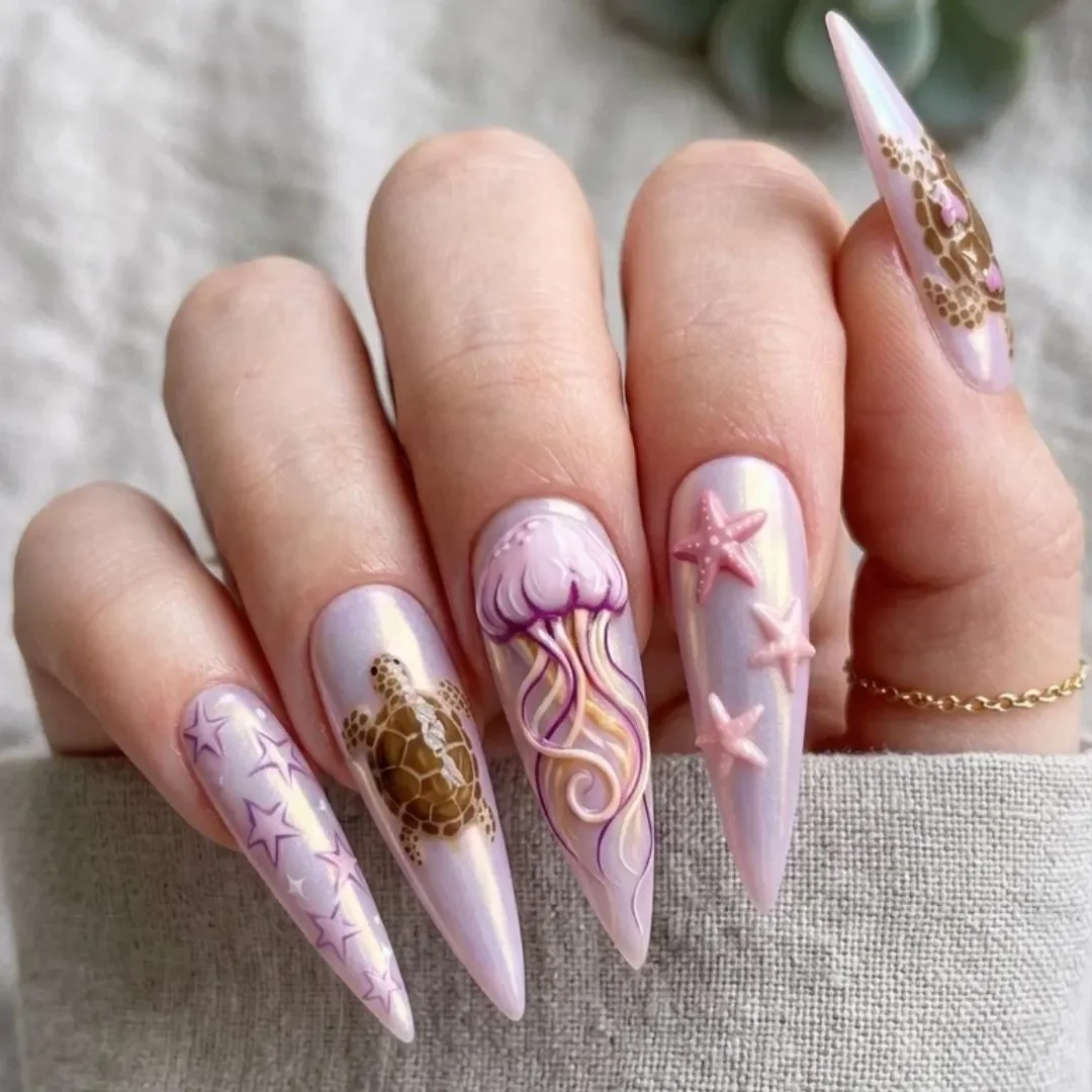 Iridescent Purple Nails, Ocean Art Nails, press on nails, custom press on nails, fake nails, Nails Art, stained glass nails, gold press on nails, 3d press on nails, luxury press on nails, handmade press on nails