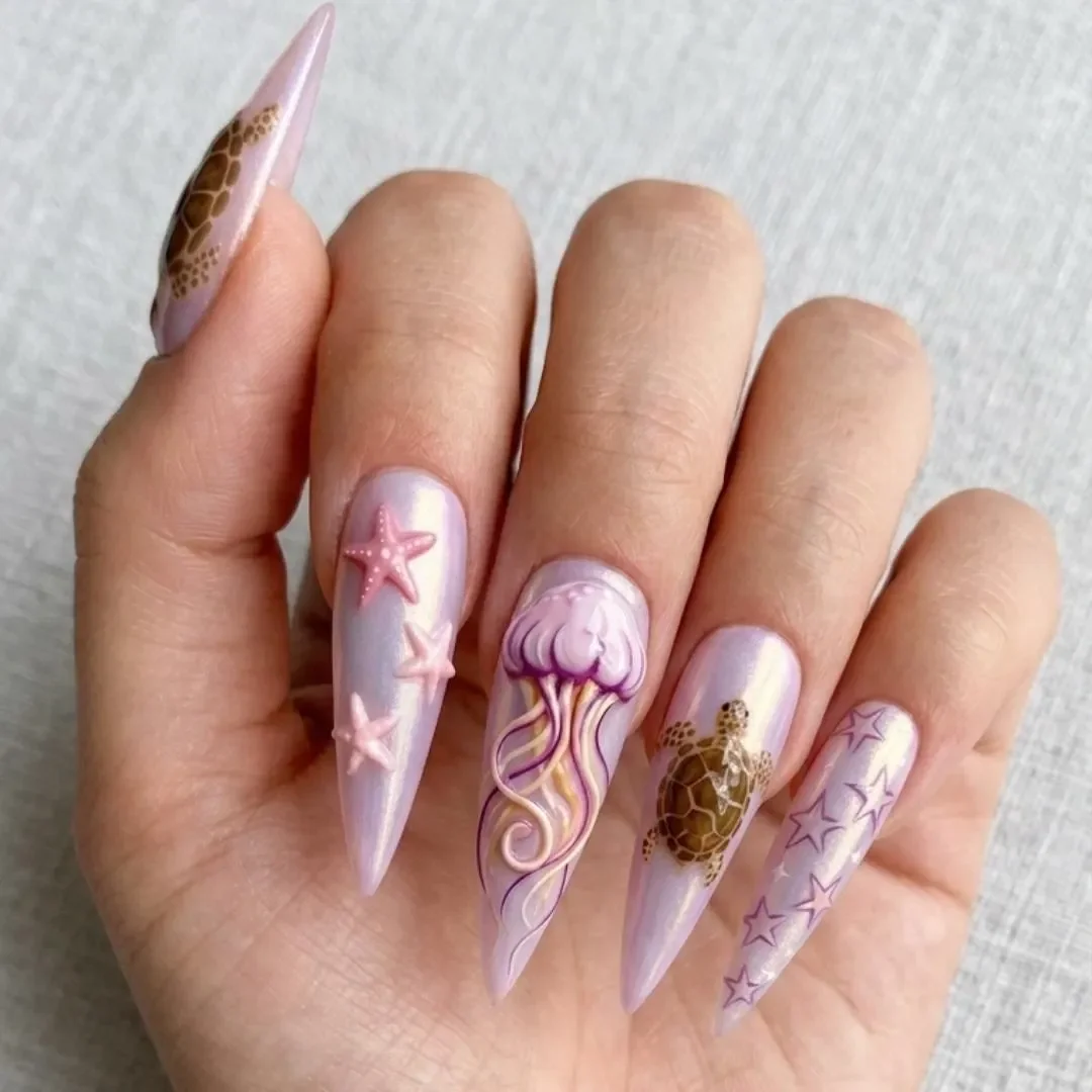 Mermaidcore Nails, Starfish Nail Design, press on nails, custom press on nails, fake nails, Nails Art, stained glass nails, gold press on nails, 3d press on nails, luxury press on nails, handmade press on nails