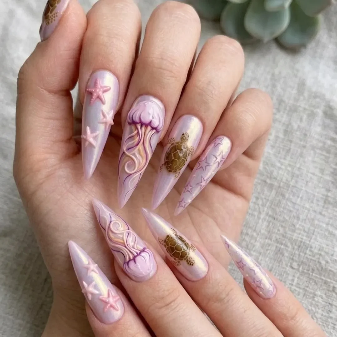 Sea Turtle Nail Art, Jellyfish Nail Art, press on nails, custom press on nails, fake nails, Nails Art, stained glass nails, gold press on nails, 3d press on nails, luxury press on nails, handmade press on nails