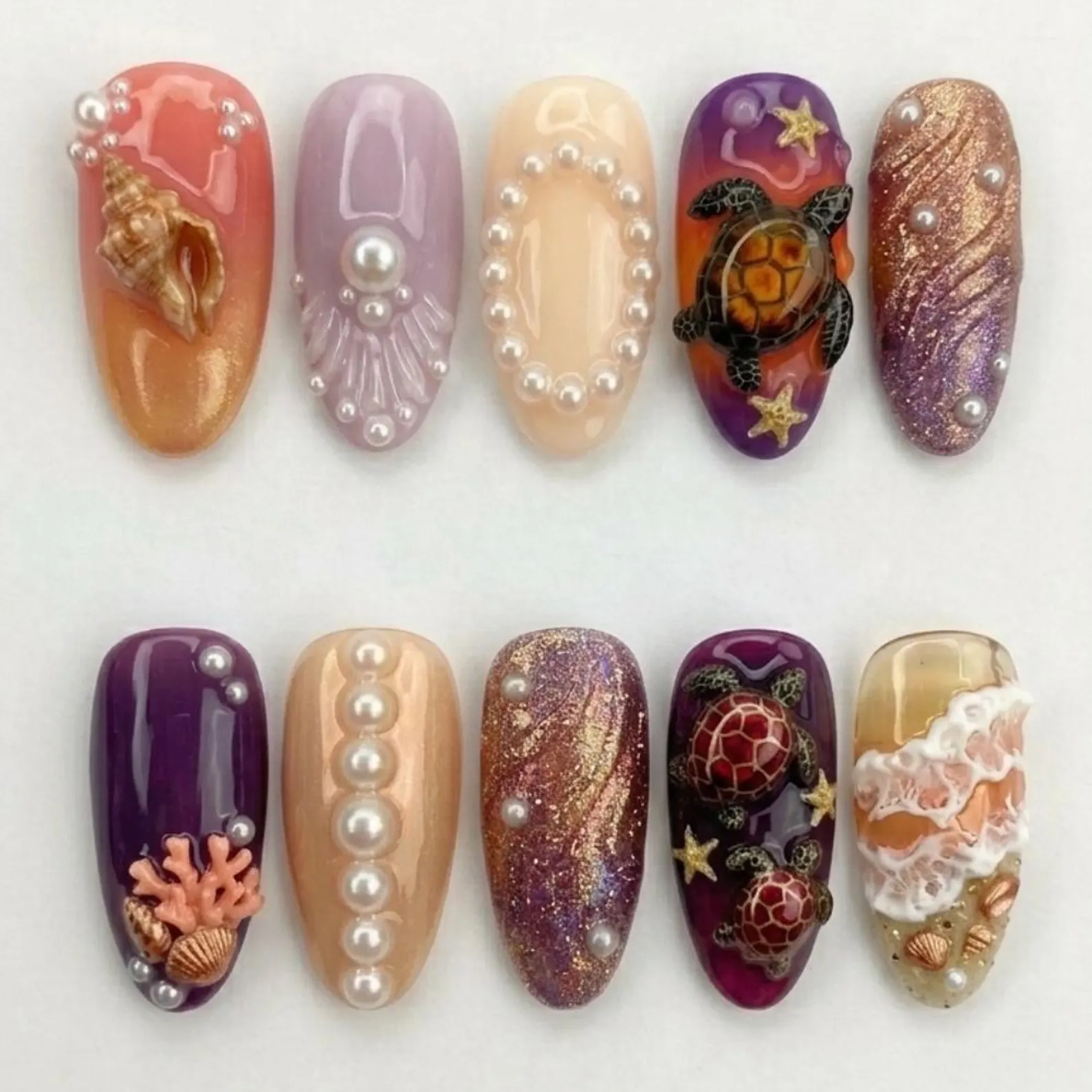 Ocean Sunset, Shells Pearls, press on nails, custom press on nails, fake nails, Nails Art, stained glass nails, gold press on nails, 3d press on nails, luxury press on nails, handmade press on nails