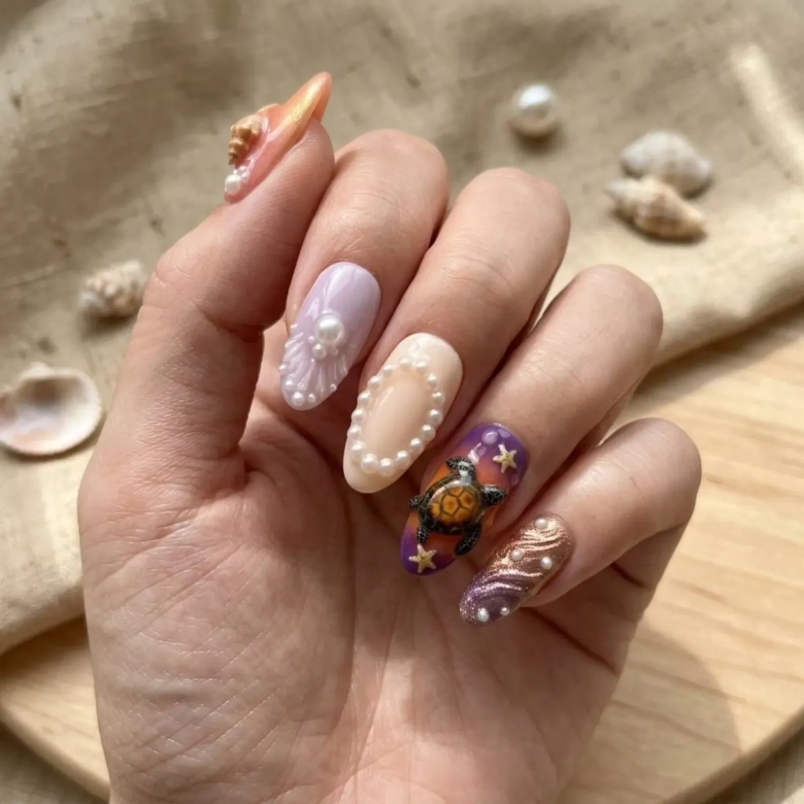 Ocean Sunset, Shells Pearls, press on nails, custom press on nails, fake nails, Nails Art, stained glass nails, gold press on nails, 3d press on nails, luxury press on nails, handmade press on nails