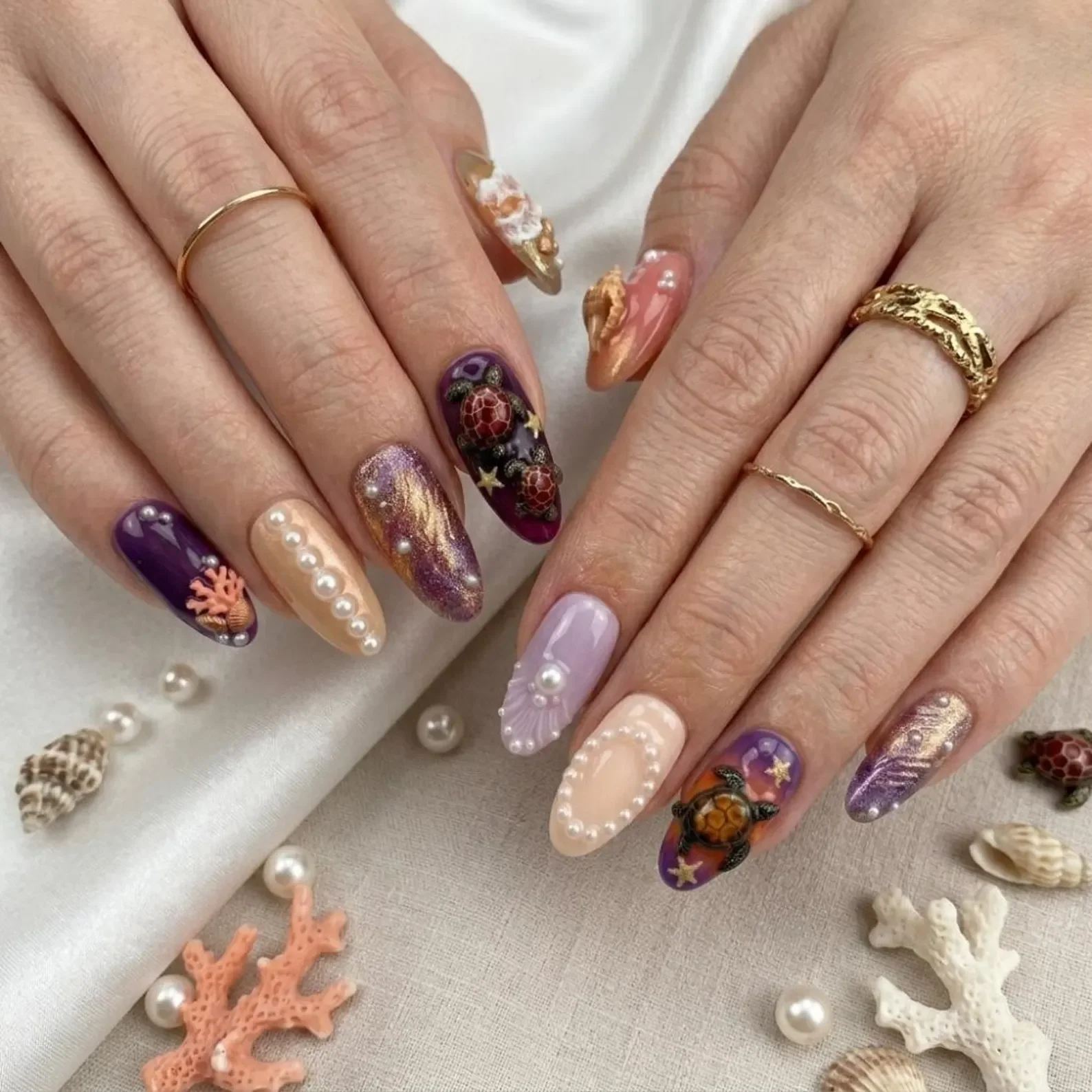 Tropical Beach, Gel Nails, press on nails, custom press on nails, fake nails, Nails Art, stained glass nails, gold press on nails, 3d press on nails, luxury press on nails, handmade press on nails