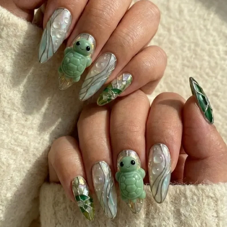 3D Sea Turtle, Stained Glass Nails, press on nails, custom press on nails, fake nails, Nails Art, stained glass nails, gold press on nails, 3d press on nails, luxury press on nails, handmade press on nails