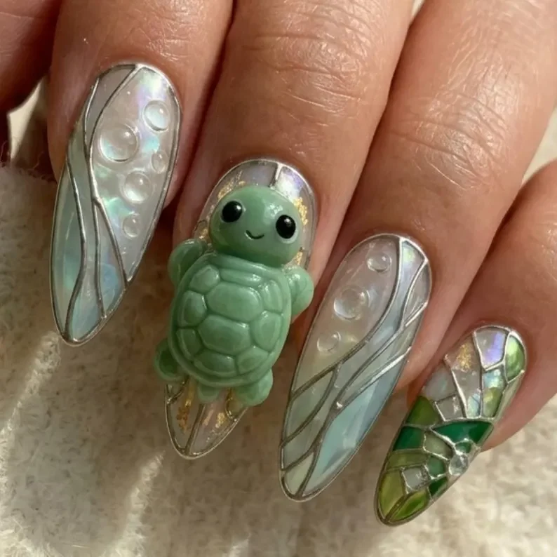 Green Mosaic, Sea Turtle Nails, press on nails, custom press on nails, fake nails, Nails Art, stained glass nails, gold press on nails, 3d press on nails, luxury press on nails, handmade press on nails