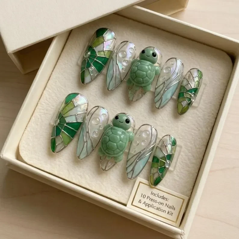 3D Sea Turtle, Stained Glass Nails, press on nails, custom press on nails, fake nails, Nails Art, stained glass nails, gold press on nails, 3d press on nails, luxury press on nails, handmade press on nails