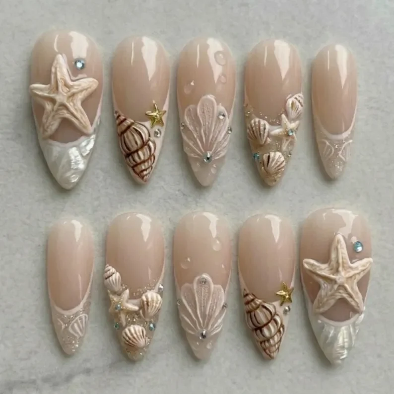 3D seashell nails, bridal press on, press on nails, custom press on nails, fake nails, Nails Art, stained glass nails, gold press on nails, 3d press on nails, luxury press on nails, handmade press on nails