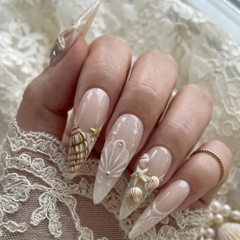 coastal design, starfish nails, press on nails, custom press on nails, fake nails, Nails Art, stained glass nails, gold press on nails, 3d press on nails, luxury press on nails, handmade press on nails