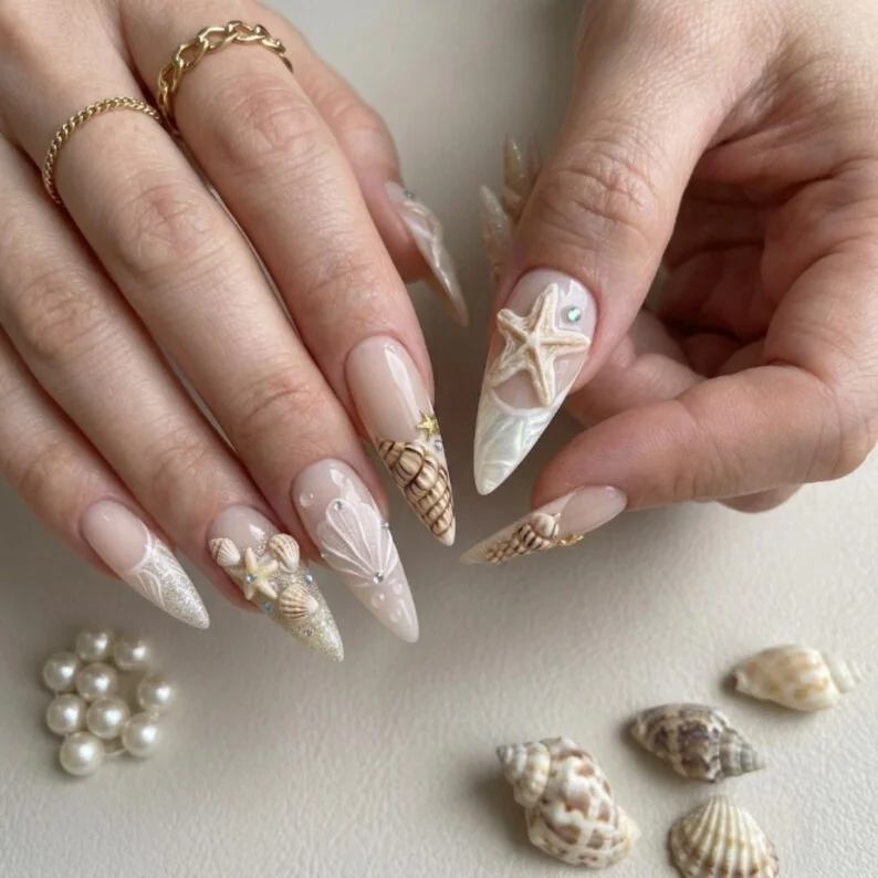 pearl accent, beach wedding nails, press on nails, custom press on nails, fake nails, Nails Art, stained glass nails, gold press on nails, 3d press on nails, luxury press on nails, handmade press on nails