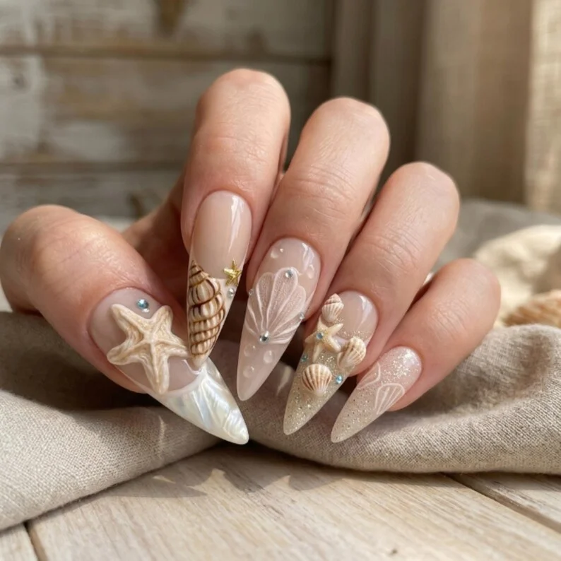 ocean theme nails, summer coastal nails, press on nails, custom press on nails, fake nails, Nails Art, stained glass nails, gold press on nails, 3d press on nails, luxury press on nails, handmade press on nails