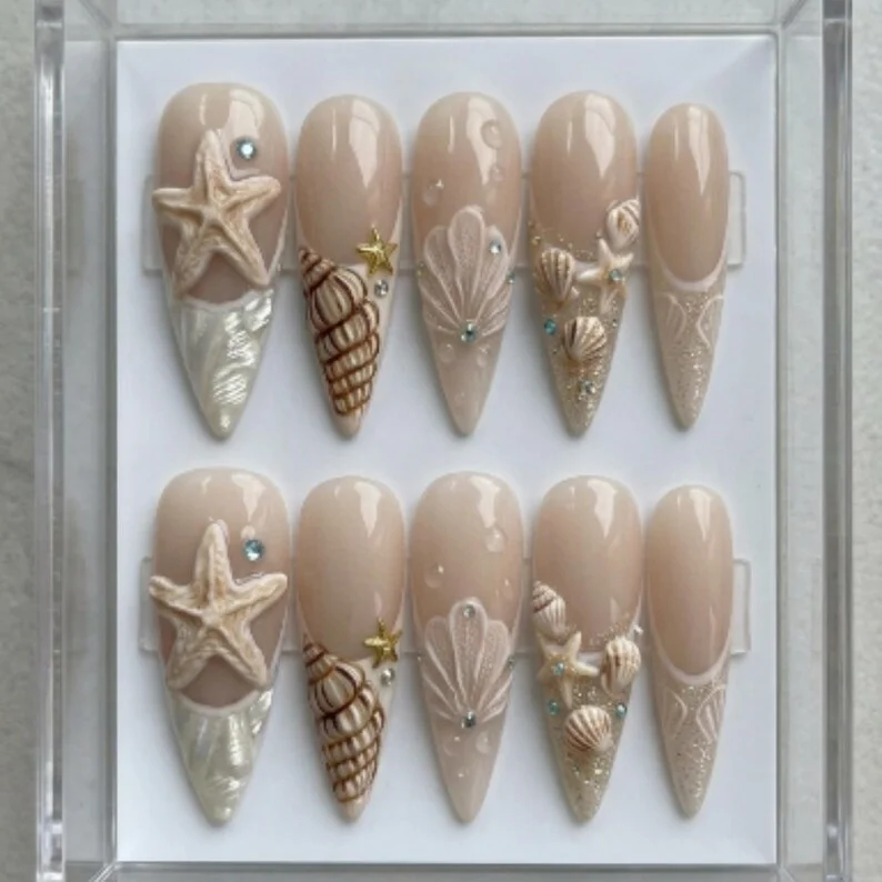 3D seashell nails, bridal press on, press on nails, custom press on nails, fake nails, Nails Art, stained glass nails, gold press on nails, 3d press on nails, luxury press on nails, handmade press on nails