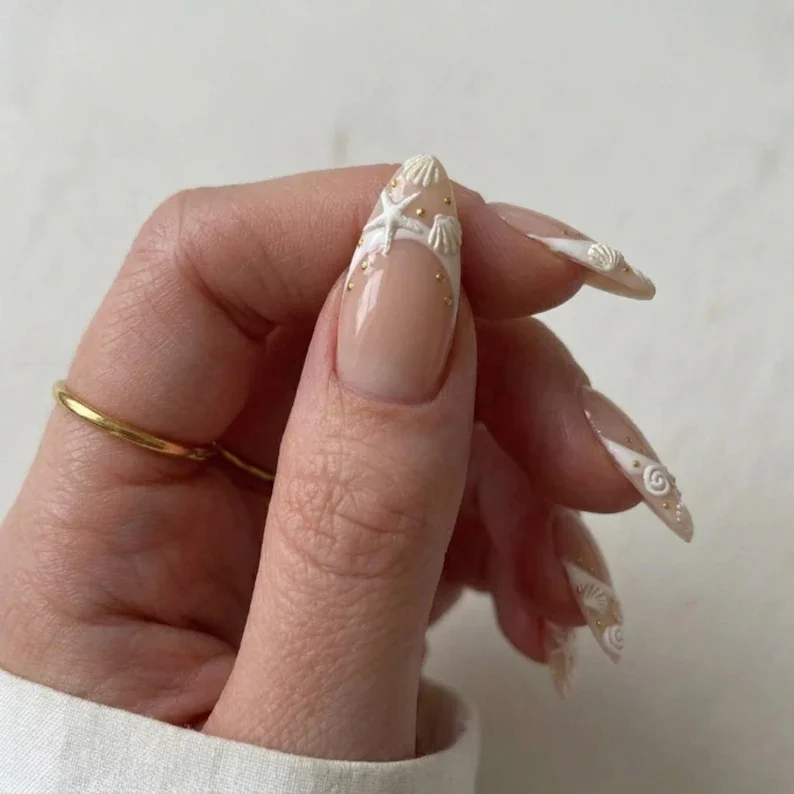 starfish nail art, seashell nail art, press on nails, custom press on nails, fake nails, Nails Art, stained glass nails, gold press on nails, 3d press on nails, luxury press on nails, handmade press on nails