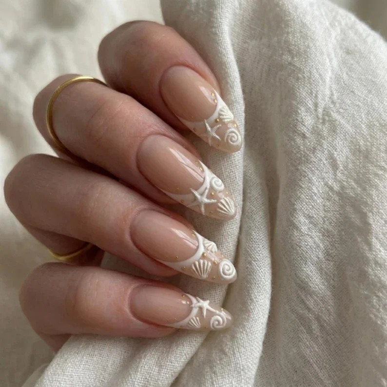 beach wedding nails, ocean themed nails, press on nails, custom press on nails, fake nails, Nails Art, stained glass nails, gold press on nails, 3d press on nails, luxury press on nails, handmade press on nails