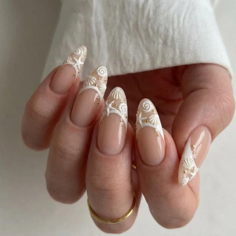 3D seashell nails, French tip nails, press on nails, custom press on nails, fake nails, Nails Art, stained glass nails, gold press on nails, 3d press on nails, luxury press on nails, handmade press on nails