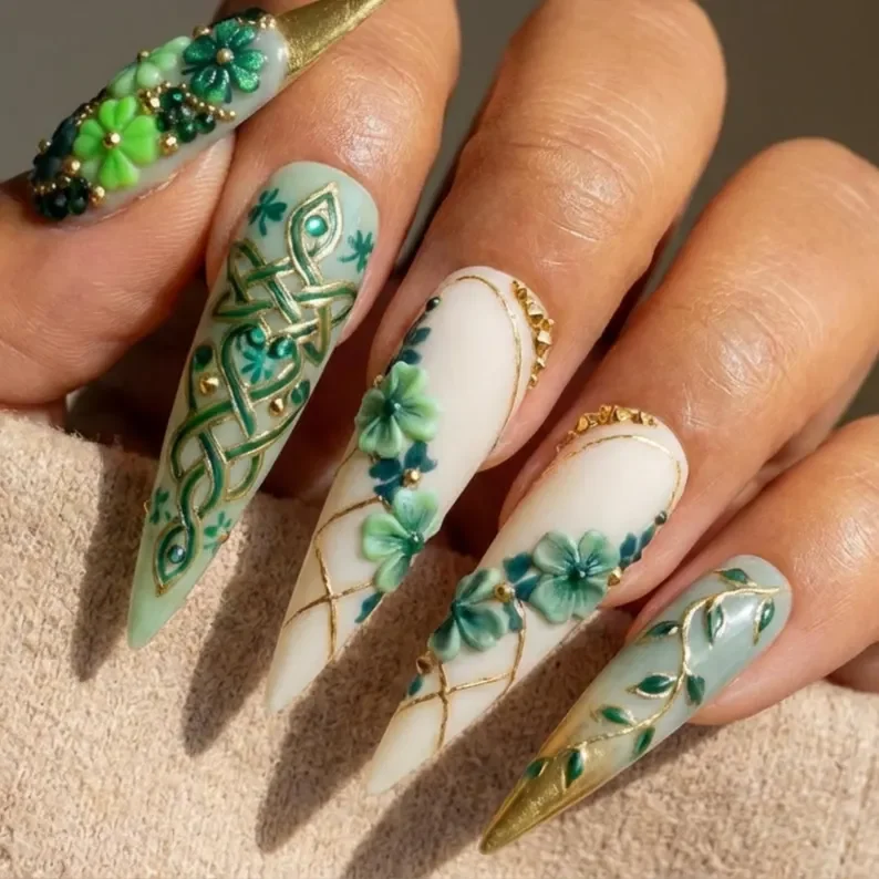 3D Shamrock Nails, Press On Nails, press on nails, custom press on nails, fake nails, Nails Art, stained glass nails, gold press on nails, 3d press on nails, luxury press on nails, handmade press on nails