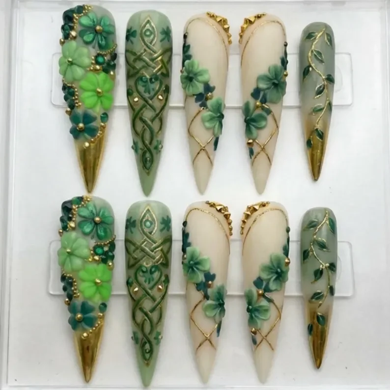 Celtic Knot, St. Patrick's Day, press on nails, custom press on nails, fake nails, Nails Art, stained glass nails, gold press on nails, 3d press on nails, luxury press on nails, handmade press on nails