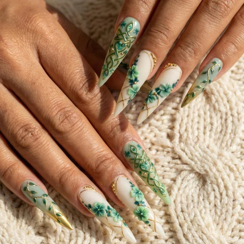 Shamrock Nail Art, 3D Nail Design, press on nails, custom press on nails, fake nails, Nails Art, stained glass nails, gold press on nails, 3d press on nails, luxury press on nails, handmade press on nails
