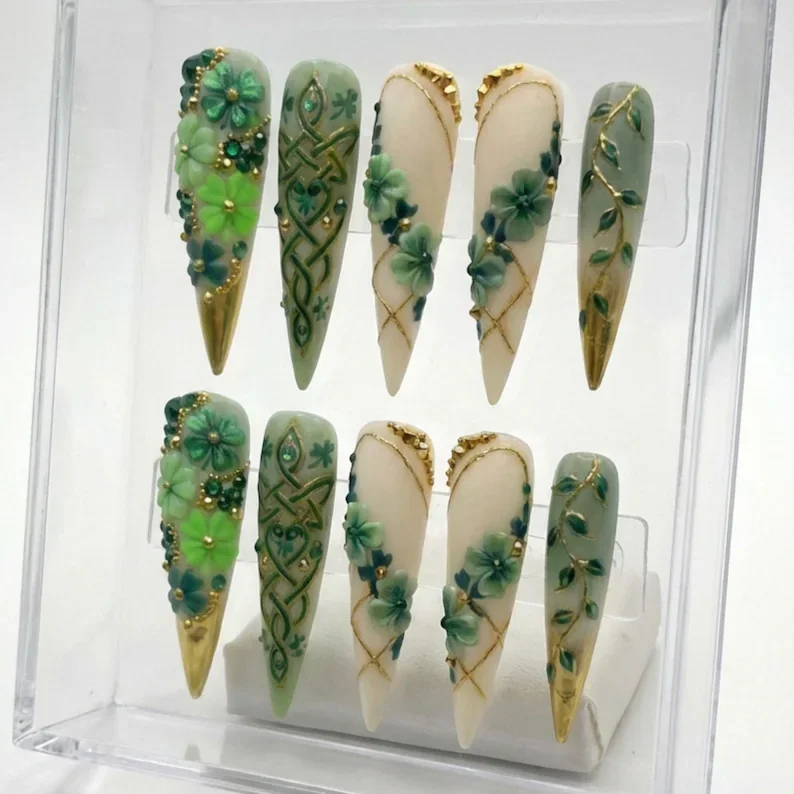 3D Shamrock Nails, Press On Nails, press on nails, custom press on nails, fake nails, Nails Art, stained glass nails, gold press on nails, 3d press on nails, luxury press on nails, handmade press on nails