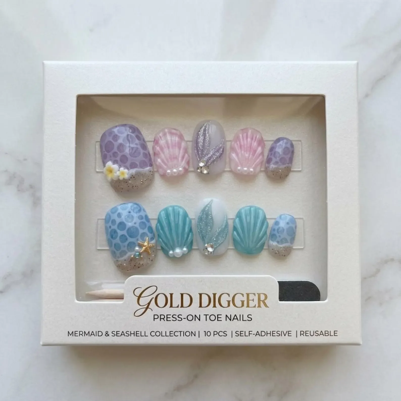 3D Shell Mermaid, Mermaid Tail Toe, press on nails, custom press on nails, fake nails, Nails Art, stained glass nails, gold press on nails, 3d press on nails, luxury press on nails, handmade press on nails