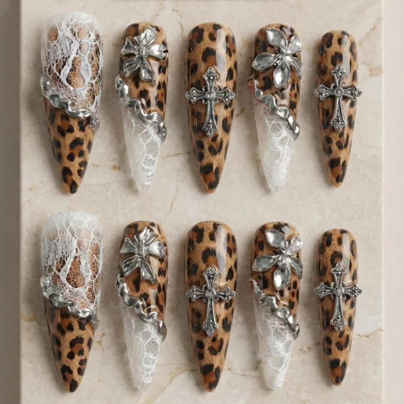3D silver nails, Gothic leopard print, press on nails, custom press on nails, fake nails, Nails Art, stained glass nails, gold press on nails, 3d press on nails, luxury press on nails, handmade press on nails