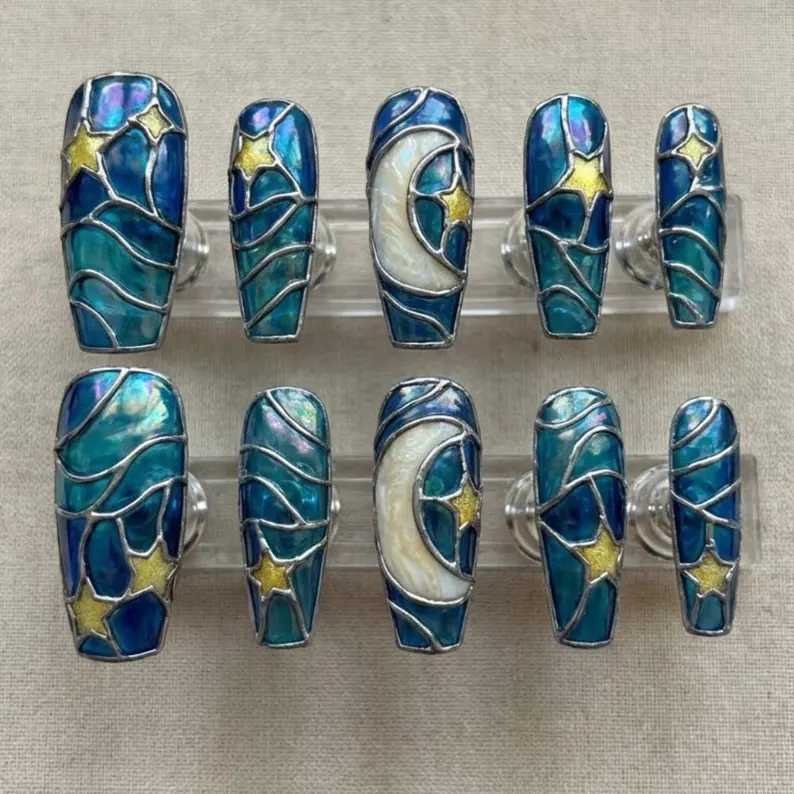 navy nail art, stained glass nails, press on nails, custom press on nails, fake nails, Nails Art, gold press on nails, 3d press on nails, luxury press on nails, handmade press on nails