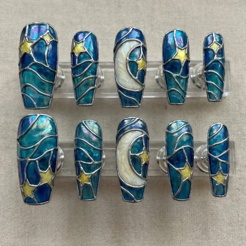 3D silver moon, stars stained glass, press on nails, custom press on nails, fake nails, Nails Art, stained glass nails, gold press on nails, 3d press on nails, luxury press on nails, handmade press on nails