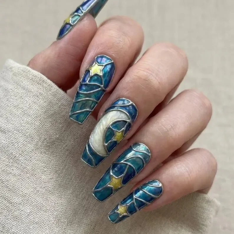 press on nails, mystic teal, custom press on nails, fake nails, Nails Art, stained glass nails, gold press on nails, 3d press on nails, luxury press on nails, handmade press on nails