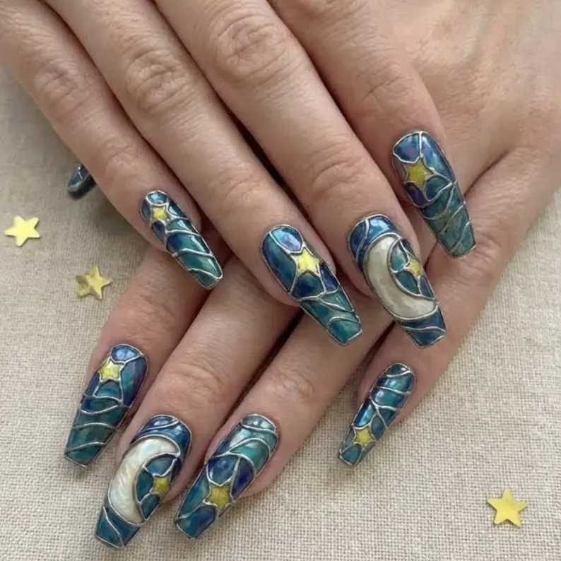 navy nail art, stained glass nails, press on nails, custom press on nails, fake nails, Nails Art, gold press on nails, 3d press on nails, luxury press on nails, handmade press on nails
