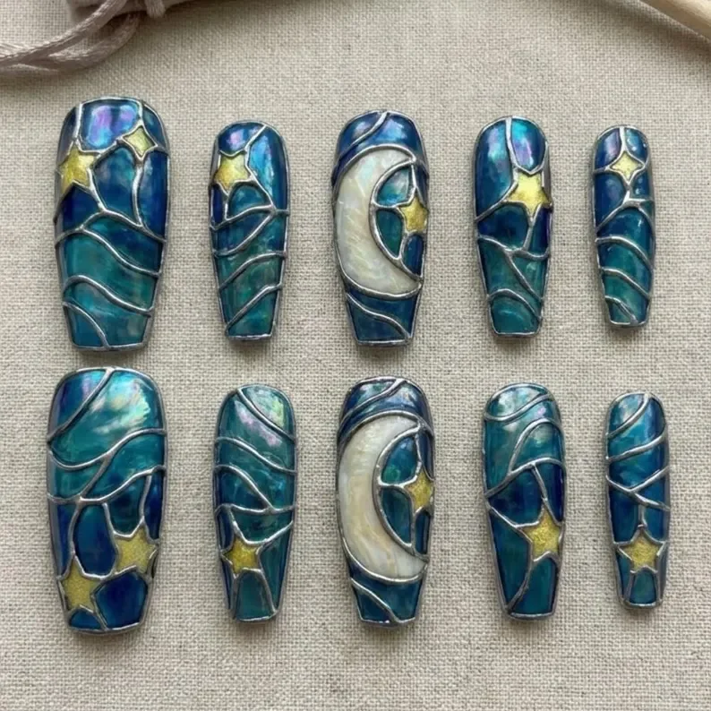 3D moon nails, teal navy nails, press on nails, custom press on nails, fake nails, Nails Art, stained glass nails, gold press on nails, 3d press on nails, luxury press on nails, handmade press on nails