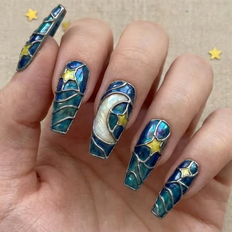 3D silver moon, stars stained glass, press on nails, custom press on nails, fake nails, Nails Art, stained glass nails, gold press on nails, 3d press on nails, luxury press on nails, handmade press on nails