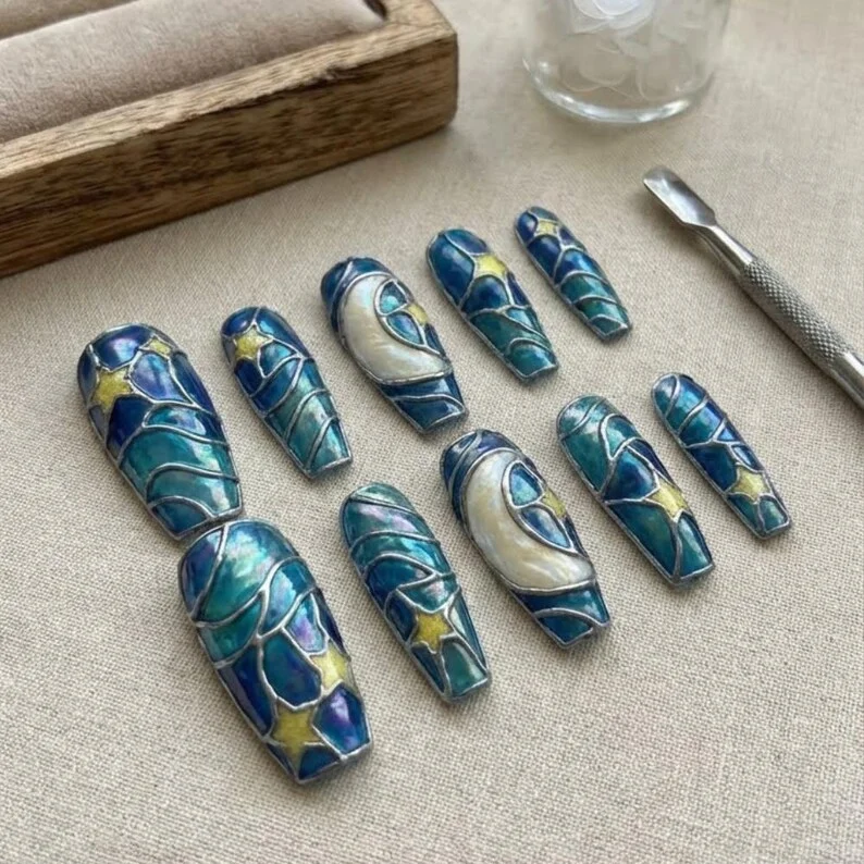 press on nails, mystic teal, custom press on nails, fake nails, Nails Art, stained glass nails, gold press on nails, 3d press on nails, luxury press on nails, handmade press on nails