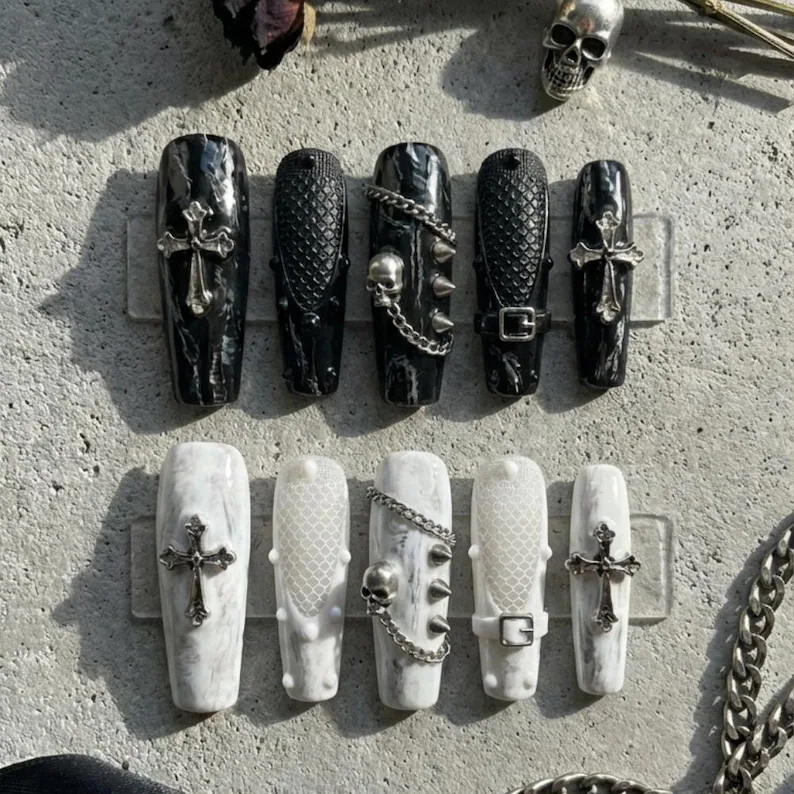 silver gothic nails, 4 color options, press on nails, custom press on nails, fake nails, Nails Art, stained glass nails, gold press on nails, 3d press on nails, luxury press on nails, handmade press on nails