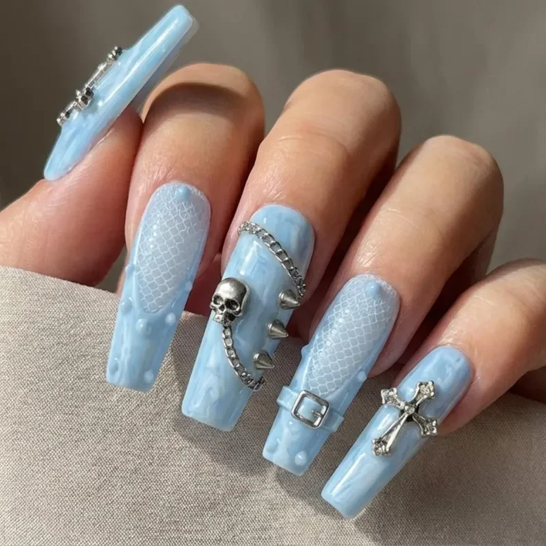 3D silver skull, gothic press on, press on nails, custom press on nails, fake nails, Nails Art, stained glass nails, gold press on nails, 3d press on nails, luxury press on nails, handmade press on nails