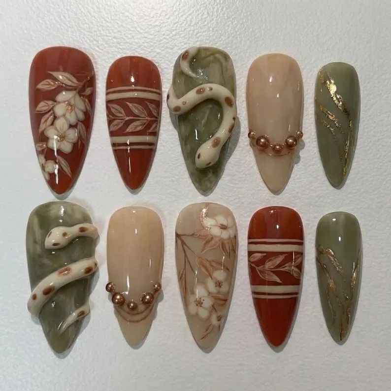 Botanical Press Design, Sage Green Marble, press on nails, custom press on nails, fake nails, Nails Art, stained glass nails, gold press on nails, 3d press on nails, luxury press on nails, handmade press on nails