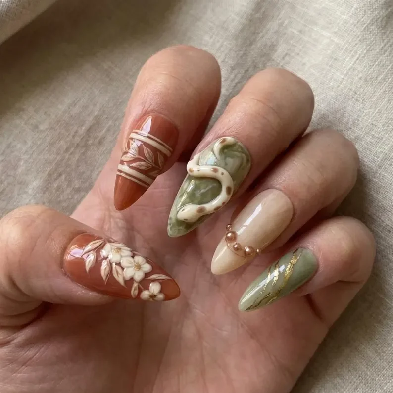 Sage Green Marble, Terracotta Nail Art, press on nails, custom press on nails, fake nails, Nails Art, stained glass nails, gold press on nails, 3d press on nails, luxury press on nails, handmade press on nails