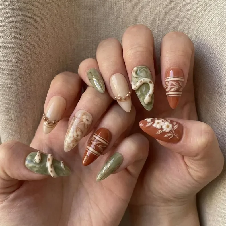 Dark Academia Nails, Medusa Nail Style, press on nails, custom press on nails, fake nails, Nails Art, stained glass nails, gold press on nails, 3d press on nails, luxury press on nails, handmade press on nails