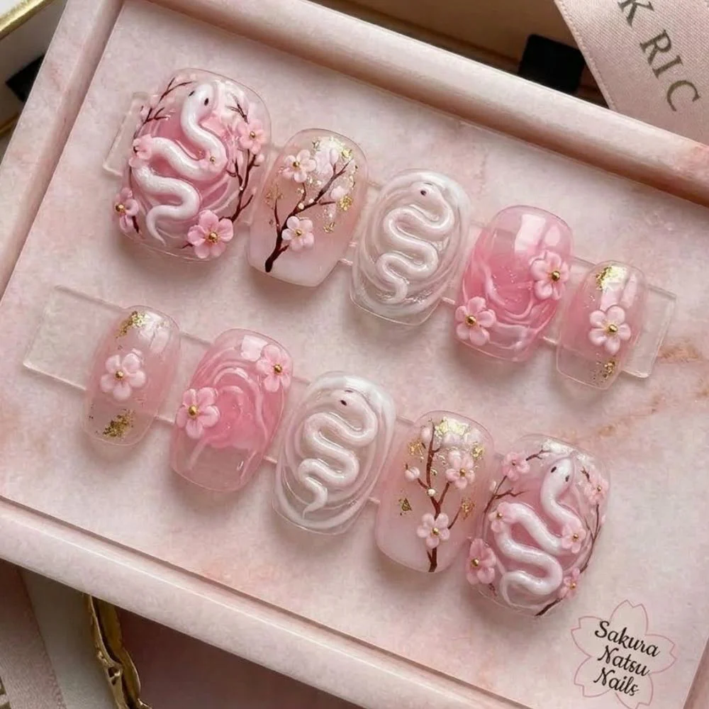 3D Snake Nails, Cherry Blossom Toes, press on nails, custom press on nails, fake nails, Nails Art, stained glass nails, gold press on nails, 3d press on nails, luxury press on nails, handmade press on nails