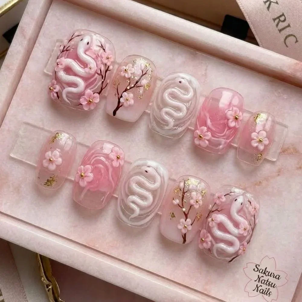3D Snake Nails, Cherry Blossom Toes, press on nails, custom press on nails, fake nails, Nails Art, stained glass nails, gold press on nails, 3d press on nails, luxury press on nails, handmade press on nails