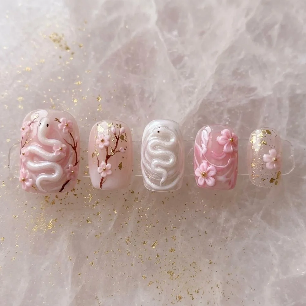 Sakura Nail Art, Japanese Pedicure, press on nails, custom press on nails, fake nails, Nails Art, stained glass nails, gold press on nails, 3d press on nails, luxury press on nails, handmade press on nails