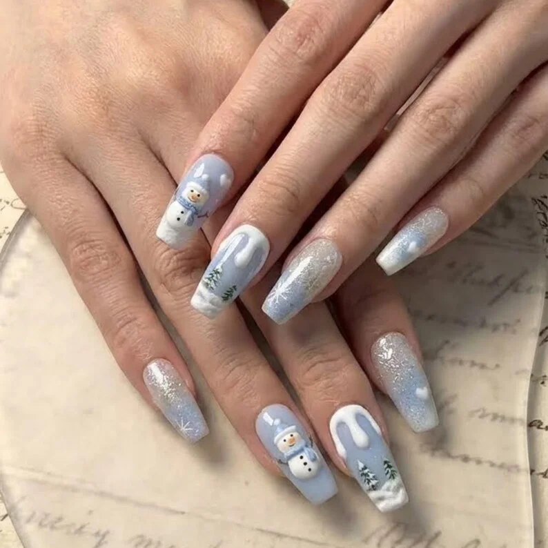 snowman nail design, winter holiday nails, press on nails, custom press on nails, fake nails, Nails Art, stained glass nails, gold press on nails, 3d press on nails, luxury press on nails, handmade press on nails