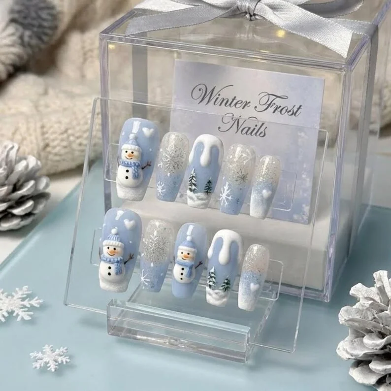 3D snowman nails, winter press on, press on nails, custom press on nails, fake nails, Nails Art, stained glass nails, gold press on nails, 3d press on nails, luxury press on nails, handmade press on nails