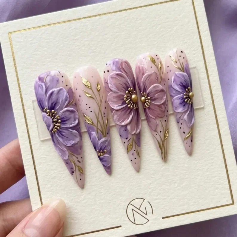 3D spring style, purple floral, press on nails, custom press on nails, fake nails, Nails Art, stained glass nails, gold press on nails, 3d press on nails, luxury press on nails, handmade press on nails