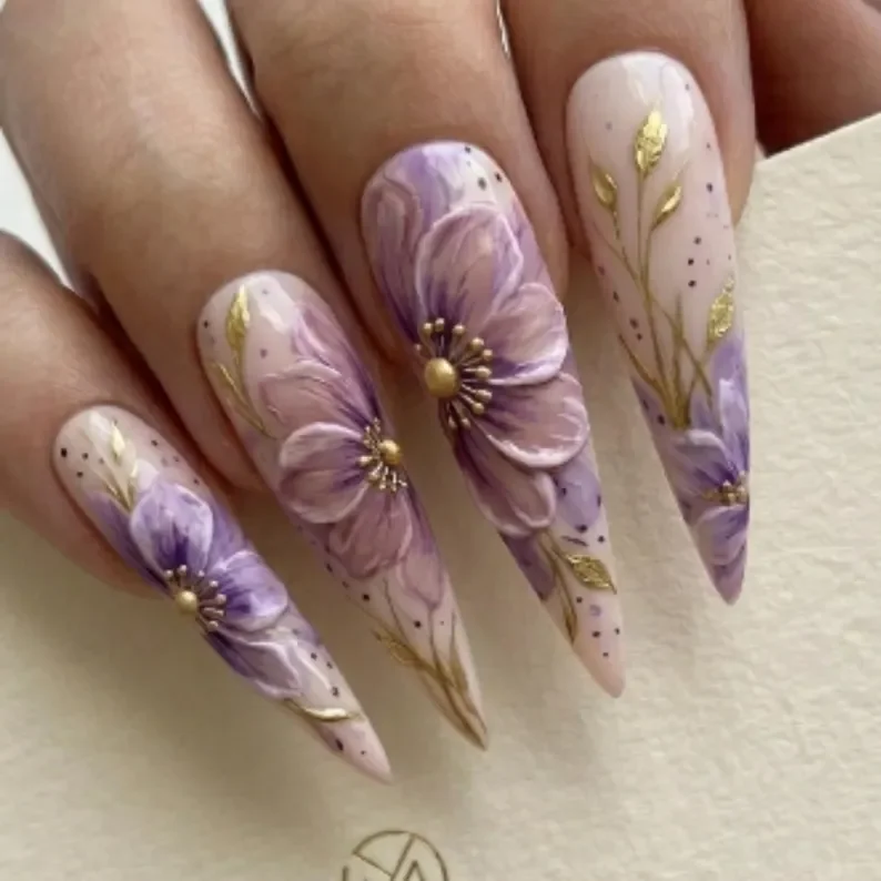 lavender purple, spring floral nails, press on nails, custom press on nails, fake nails, Nails Art, stained glass nails, gold press on nails, 3d press on nails, luxury press on nails, handmade press on nails