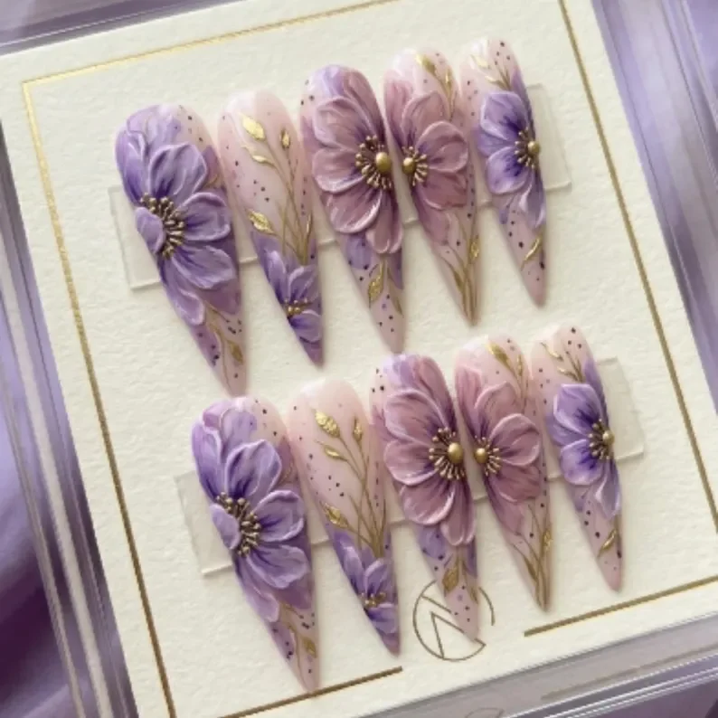 3D spring style, purple floral, press on nails, custom press on nails, fake nails, Nails Art, stained glass nails, gold press on nails, 3d press on nails, luxury press on nails, handmade press on nails