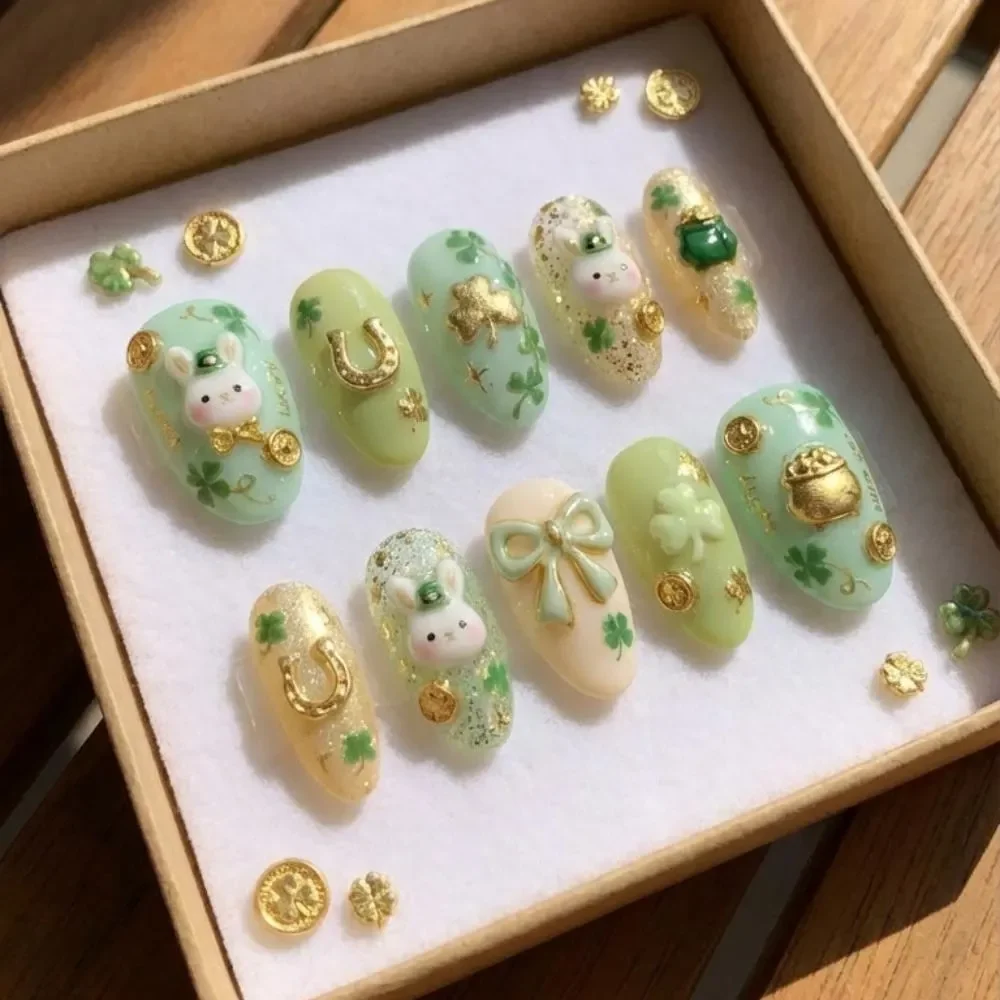 3D St Patrick's Day, Press On Nails, press on nails, custom press on nails, fake nails, Nails Art, stained glass nails, gold press on nails, 3d press on nails, luxury press on nails, handmade press on nails