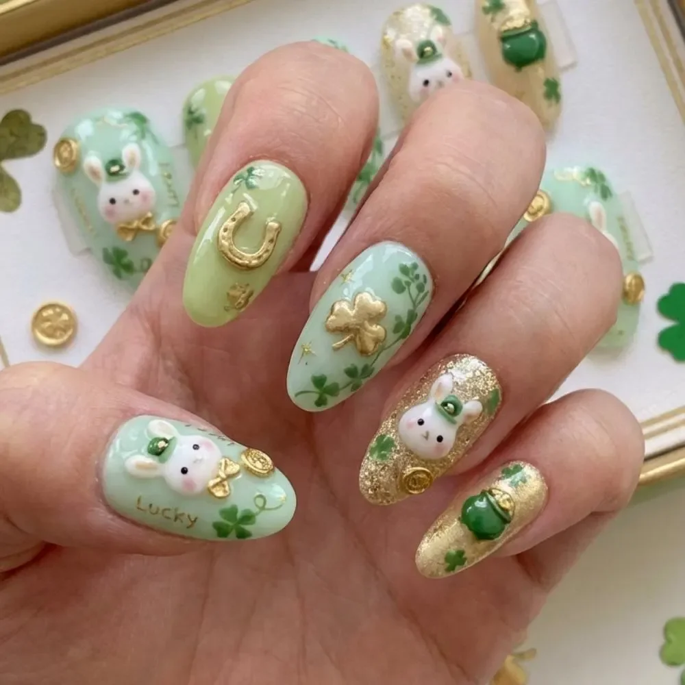 Kawaii Bunny, Shamrock Nails, press on nails, custom press on nails, fake nails, Nails Art, stained glass nails, gold press on nails, 3d press on nails, luxury press on nails, handmade press on nails
